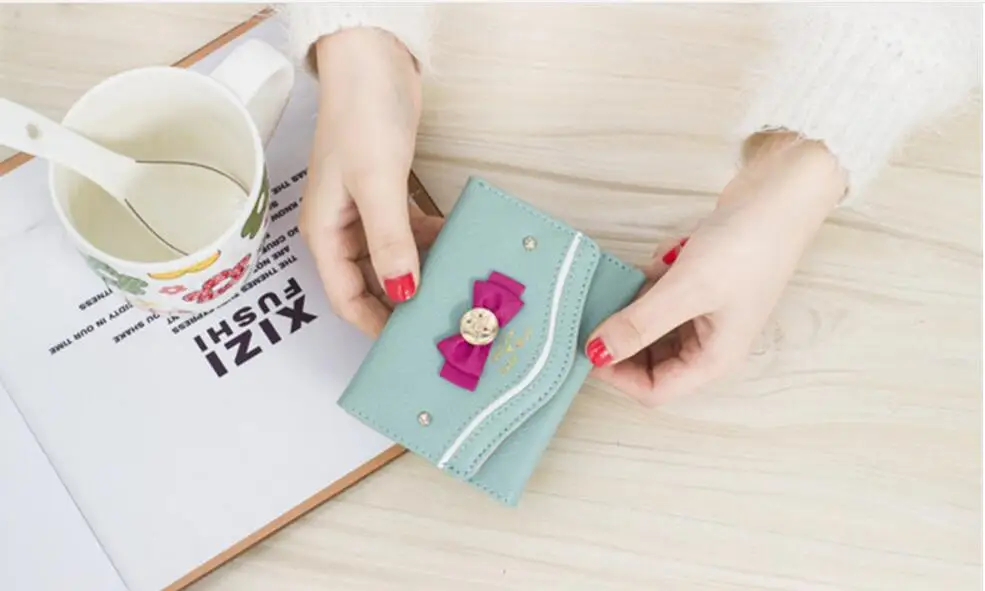 1 piece Wallet Women Lady Short Wallets Female Candy Color Bow PU Leather for Card Purse Clutch Bag New