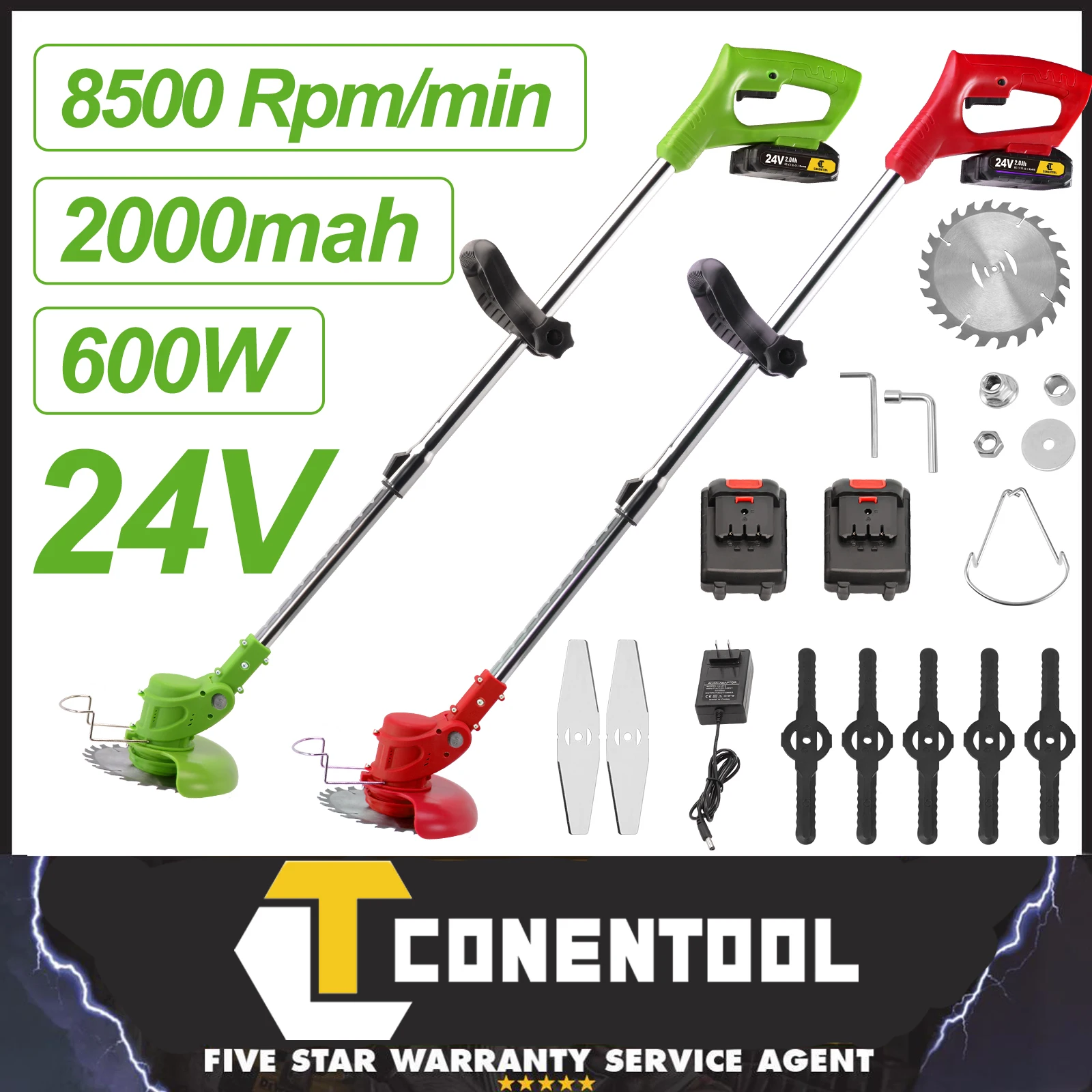 Conentool 24V Cordless Strimmer - Lawn Mower Garden Strimmers with 2 * 2000mAh Batteries and 15 Blades, Grass Trimmers