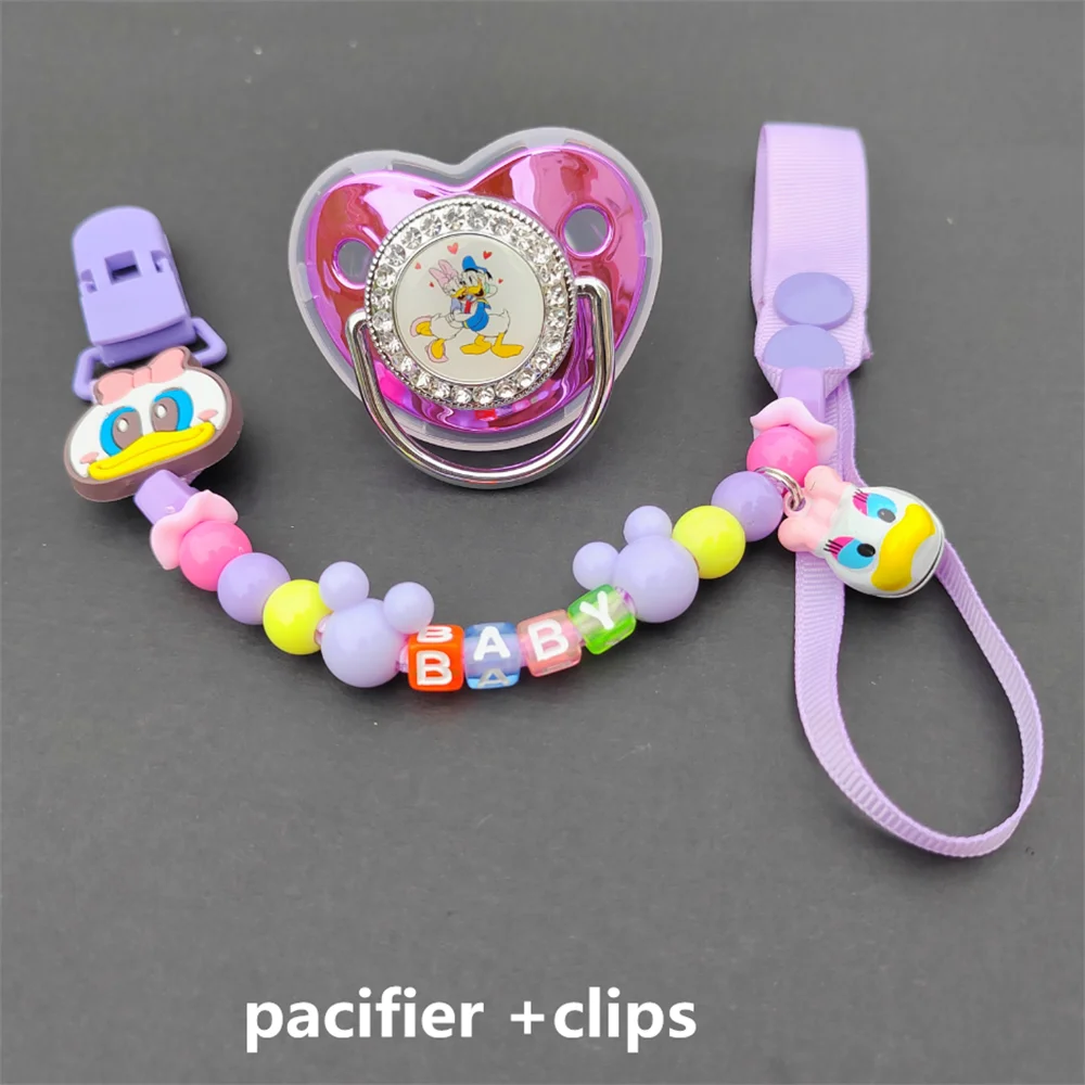 2022 Disney Baby Pacifier Animal Print Donald Duck Bling Pacifier with Beaded Chain Clip Baby Birthday Shower Gift Fake Pacifier