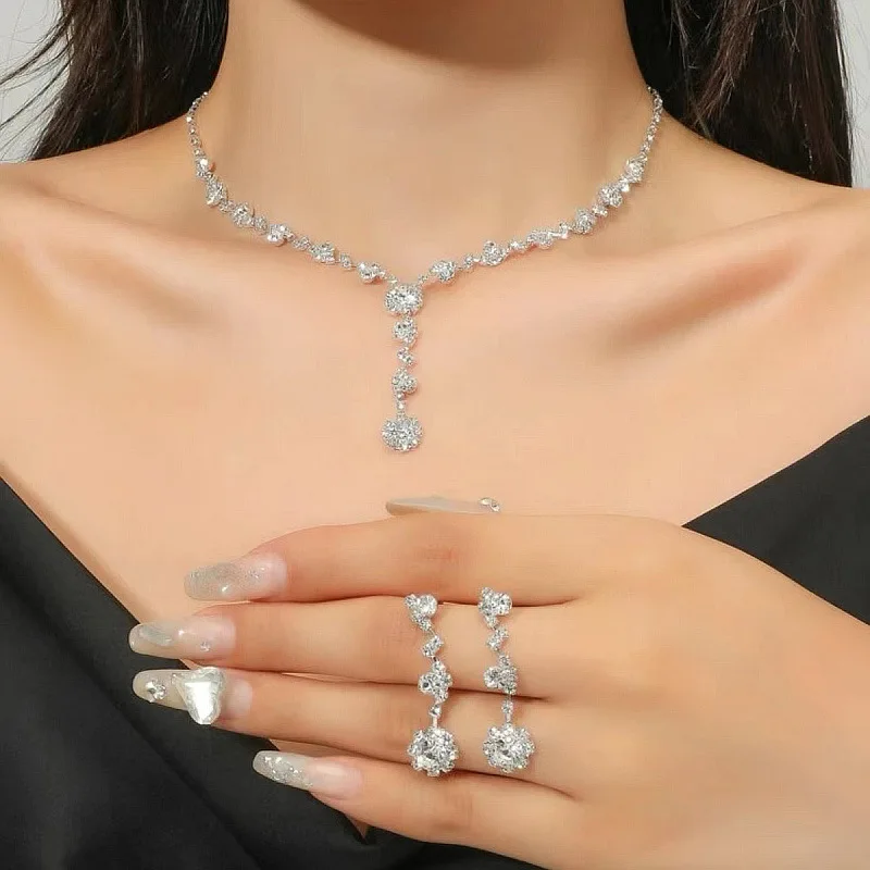 BLIJERY Elegant New Design Necklace Earrings Jewelry Sets for Women Silver Color Rhinestone Crystal Wedding Party Jewelry Set