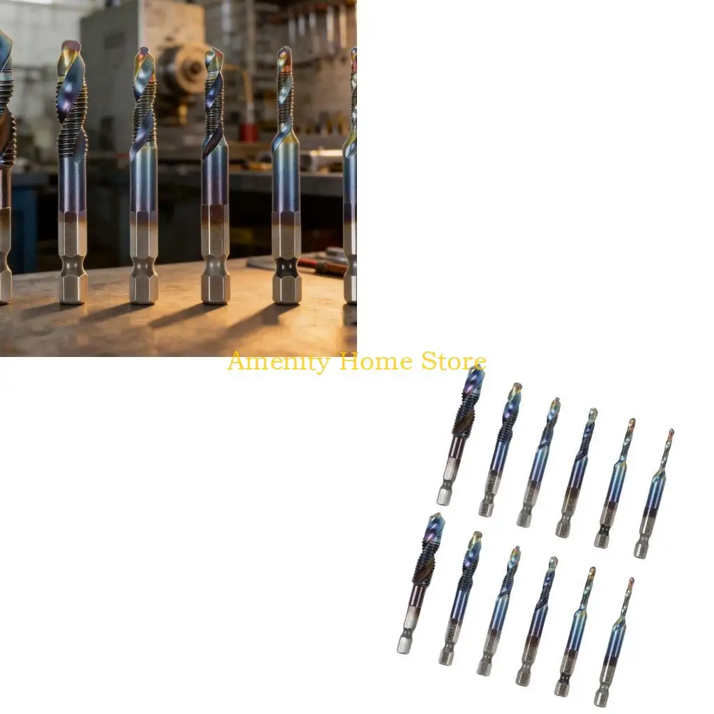 F26C 12Pcs High-Speed Steel Drill Tap Bits with Coated Finish, Helical Grooves and Six-Sided Stems for Drilling and Thread
