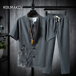 (Shirt + trousers) summer fashion men shirt Cotton and linen shirts men's High quality casual shirts Two Piece M-5XL