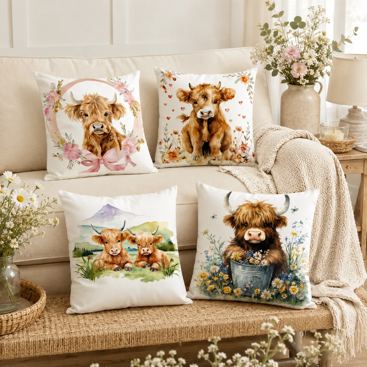Cute Highland Cow Cushion Cover Silky Short Plush With Invisible Zipper Dustproof Sofa Pillow Cover For Home Decor