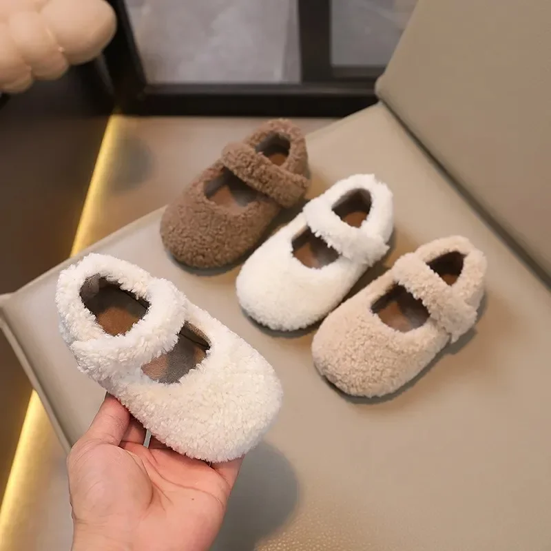 Winter Children Flat Shoes Furry Cover Toe Light Warm Kids Casual Shoe Plush Leisure Three Colors 21-30 Comfy Boys Girls Shoe