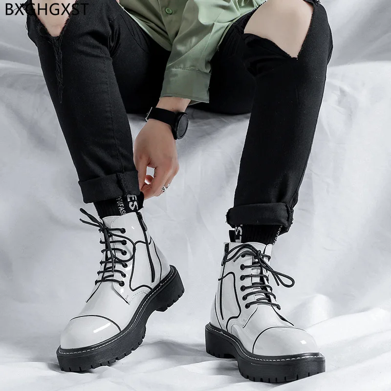 Patent Leather Boots for Men Male Motorcycle Boots Men Casual Shoes Stivali Black Boots Man White Platform Shoes for Man 2024