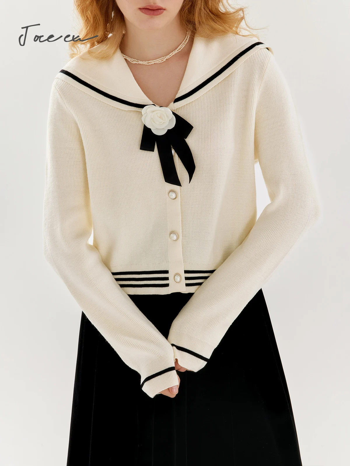 JOREEU Apricot Knit Sweater Women Navy Collar Bow Long-sleeved Tops Autumn Winter New French Single-breasted Sweater TM00613