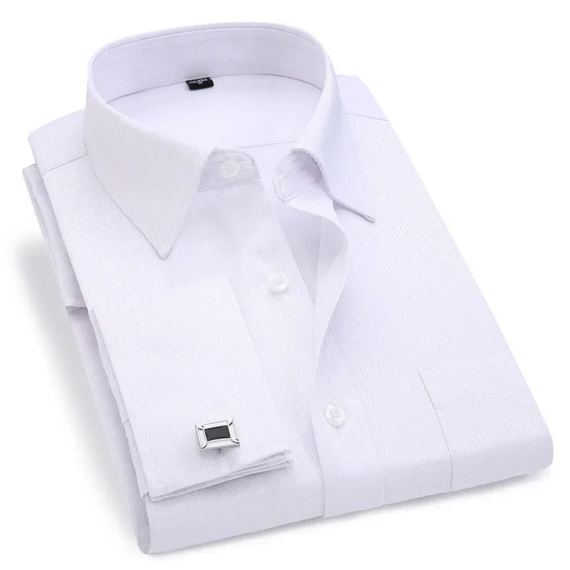 

Men 's French Cufflinks Business Dress Shirts Long Sleeves White Blue Twill Asian Size M, L, XL, XXL, 3XL, 4XL, 5XL, 6XL