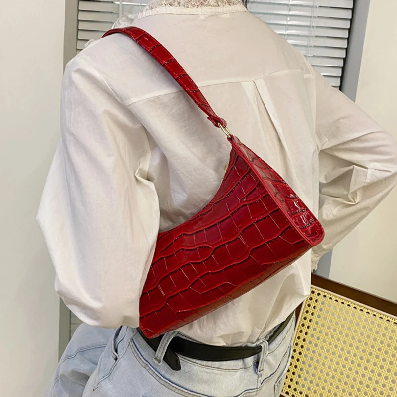 Fashion PU Leather Bags for Women Alligator Pattern Armpit Handbag Female Small Underarm Messenger Bag Purse image 6