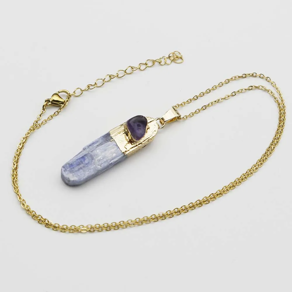 Natural Stone Blue Crystal Strip Electroplating Gold Irregular Amethyst Pendant Stainless Steel Chain Necklace Jewelry Gift 4PCS