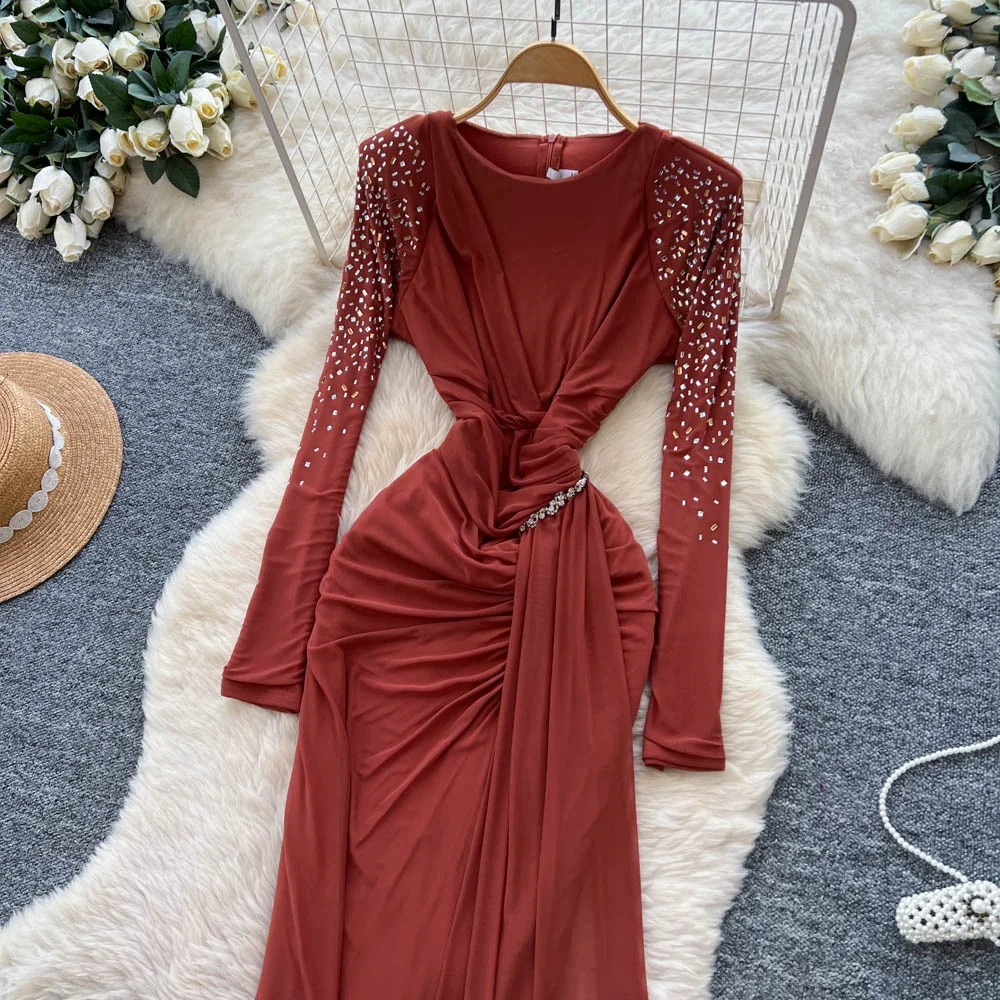 Clothland mujeres Rhinestone brillante Maxi Vestido cuello redondo manga larga elástico ajustado Mujer Chic Vestido de noche largo Vestido QE276