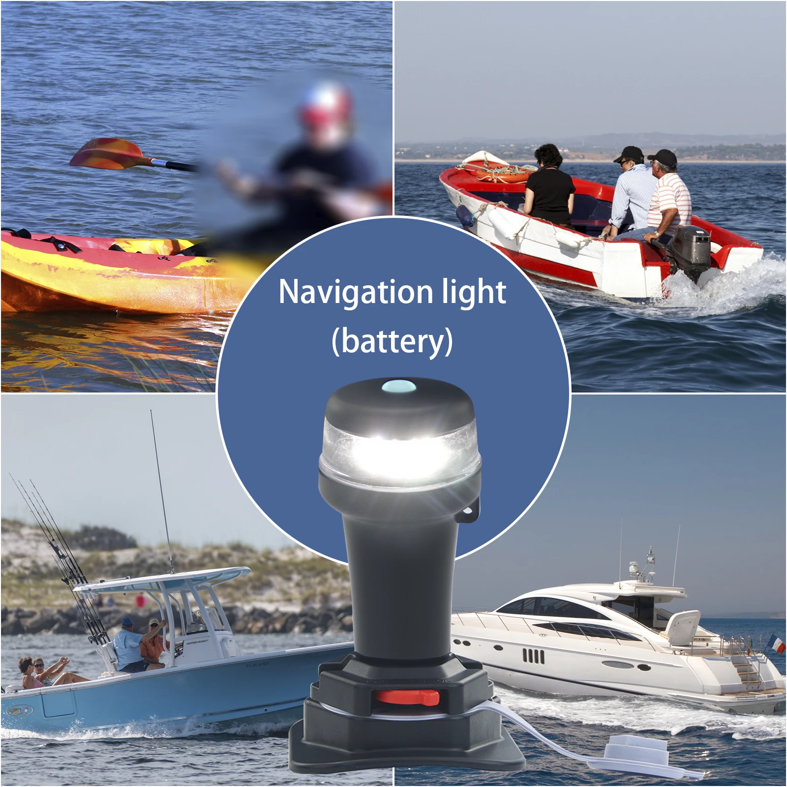 Kajak-Navigationslichter, tragbar, 3AA-Batterie, Rundum-weiße LED-Schlauchboot, Oberflächenmontage, selbstklebende Basis + feste Basis
