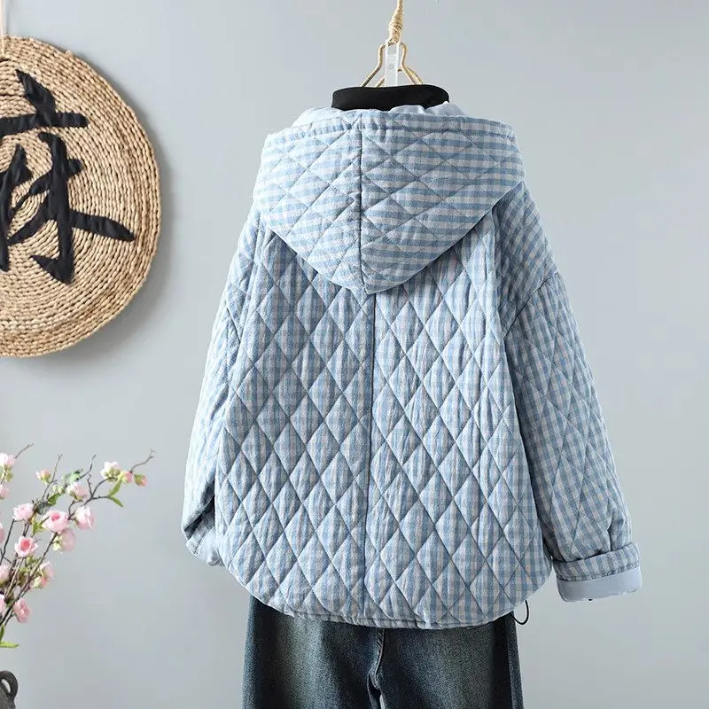 2025 Retro Plaid Hooded Pullover Cotton Jacket for Women Loose Fitting Quilted Sweatshirt Winter Coat Japanese Style Top A584