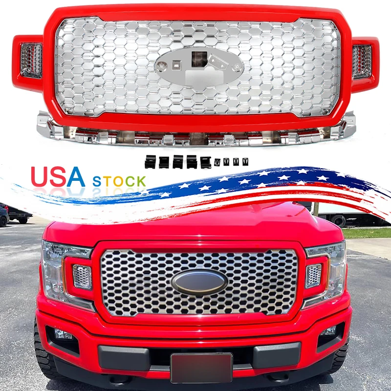 SAIQINGSP Race Red+Chrome Honeycomb Fit For Ford F-150 F150 2018-2020 Front Bumper Grille Car Accessories Tools