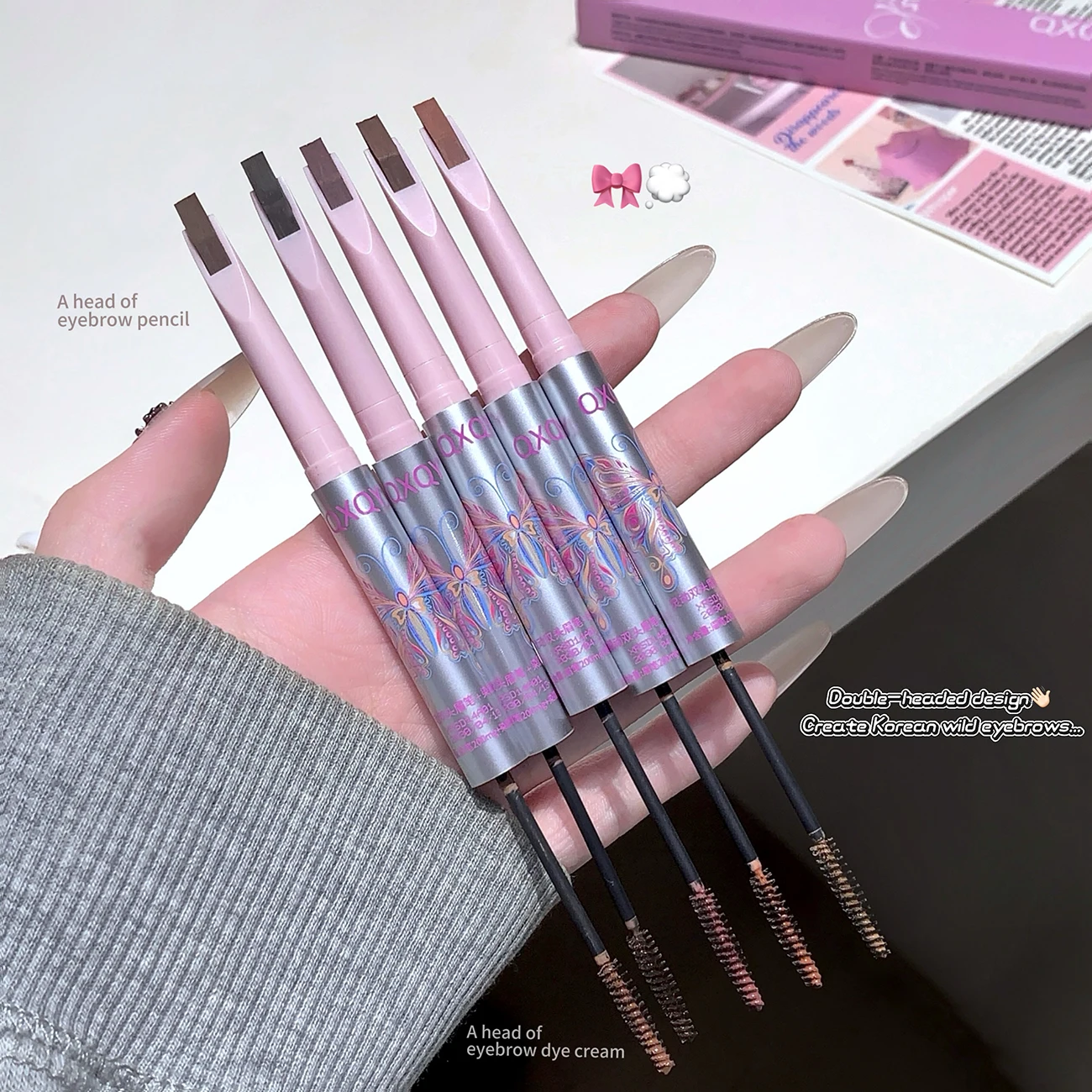 QXQY 듀얼 헤드 아이브로우 펜슬 앤 다이 2-in-1 내추럴 컬러 방수 땀 방지 오래 지속되는 번짐 없는 아이브로우 메이크업