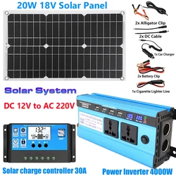 DC 12V to AC 220V Solar Power System 20W Solar Panel+30A Charge Controller+5000W Car Inverter Power Generation Kit for Camping