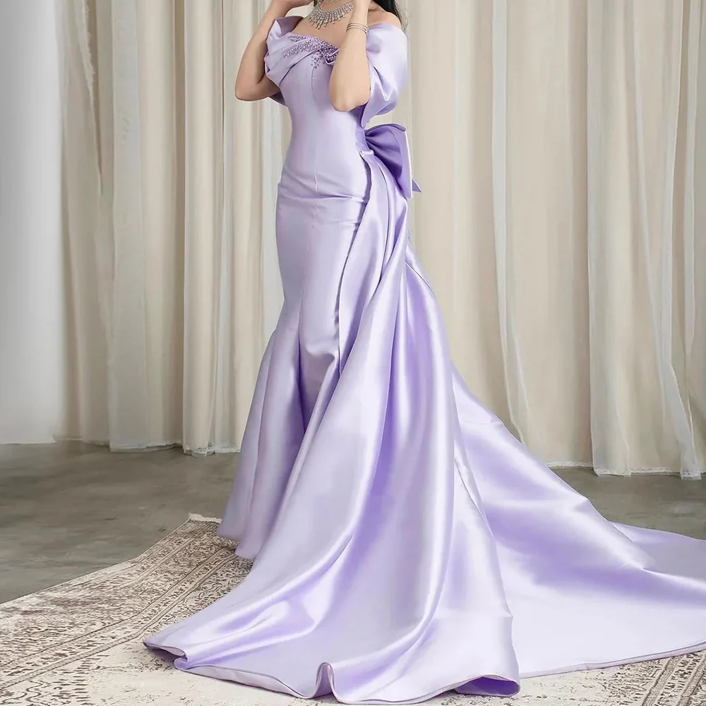 

Luxurious Women's Evening Dresses Satin Mermaid/Trumpet Celebrity Gown Lavender Off-the-shoulder Pearls Bow Party Long Dress