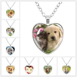 Cute Pet Dog Necklace Love Pet Photo Dog Necklace Heart Shape Glass Cabochon Pendant Gifts Charms Jewelry