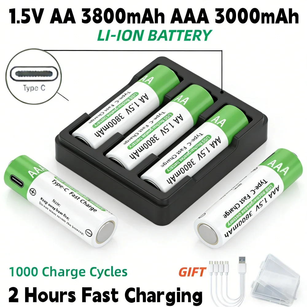 

Rechargeable AA 3800mAh & AAA 3000mAh Lithium Batteries High Capacity with USB-C Charging for Toys & Home Electronics