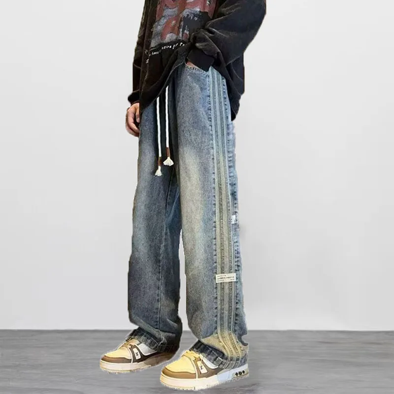

Spring And Summer New Straight Leg Pants Side Stripes Classic Blue Casual Jeans Men Korea Designer Clothes Baggy Jeans Man