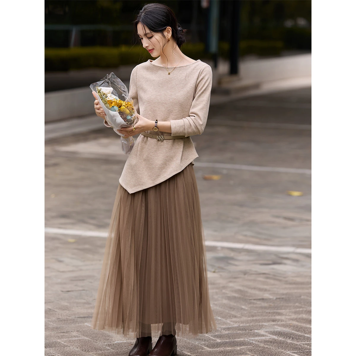VIMLY 2 Piece Skirt Sets Woman Outfits Elegant Brown Slash Neck Tops Pleated Long Skirts Autumn 2025 Lady Two Piece Sets A3259