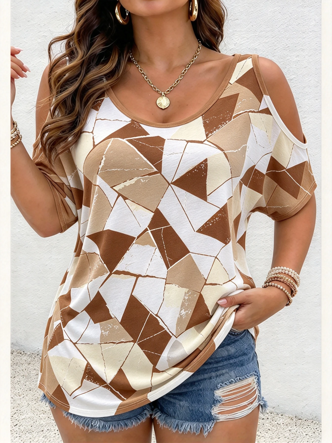 Women's Cold Shoulder T-shirts Funny Geometric Triangle Print Short Sleeve Tees Casual O-neck Loose Blouse Tops Female Clothing