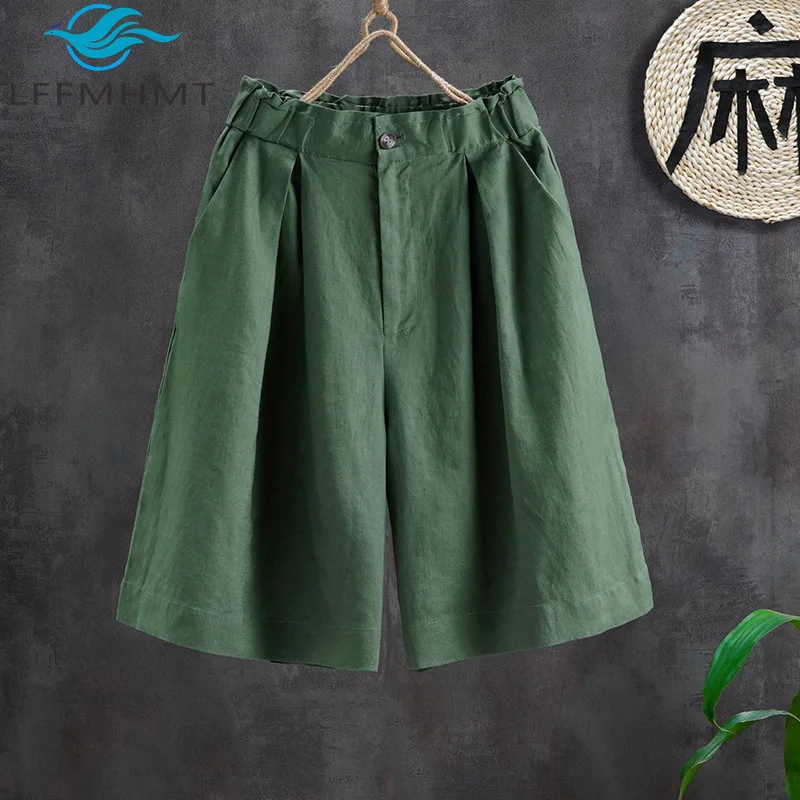 

Хлопковые и льняные шорты цвета хаки для женщин, летние модные однотонные шорты с эластичной резинкой на талии, простые базовые свободные повседневные повседневные брюки средней длины