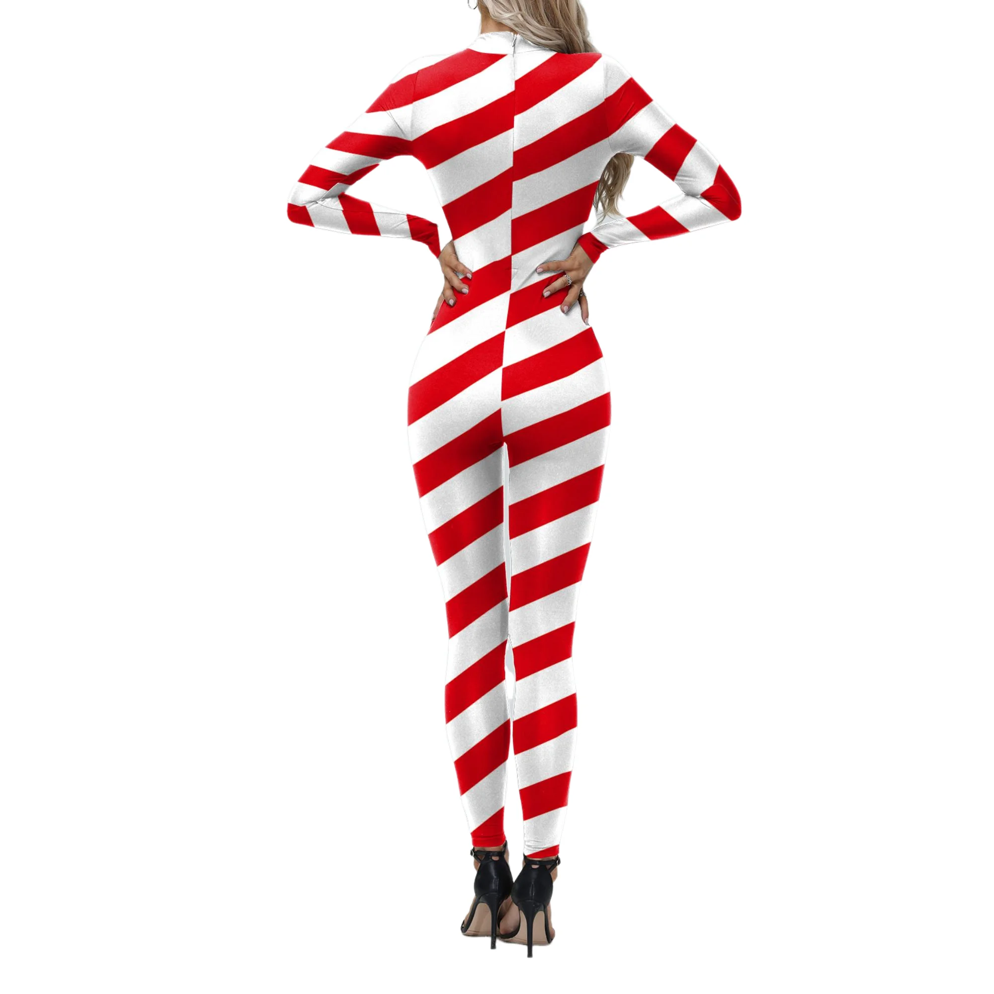 Red Candy Cane เครื่องแต่งกายผู้หญิงคริสต์มาสคอสเพลย์ Catsuit Jumpsuits Xmas Party เสื้อผ้าผู้ชาย Carnival Dress Up Zentai Bodysuits