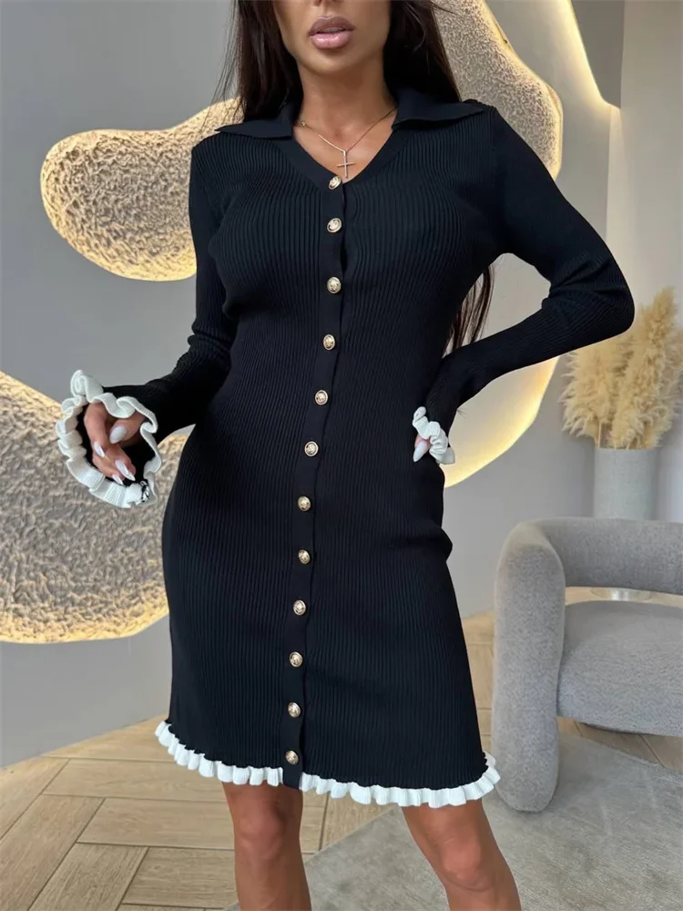 

Elegant Black Ruffled Knitwear Dress Female V-Neck Ribbed Patchwork Sweater Cardigan Mini Dress Women Knit Autumn Dress