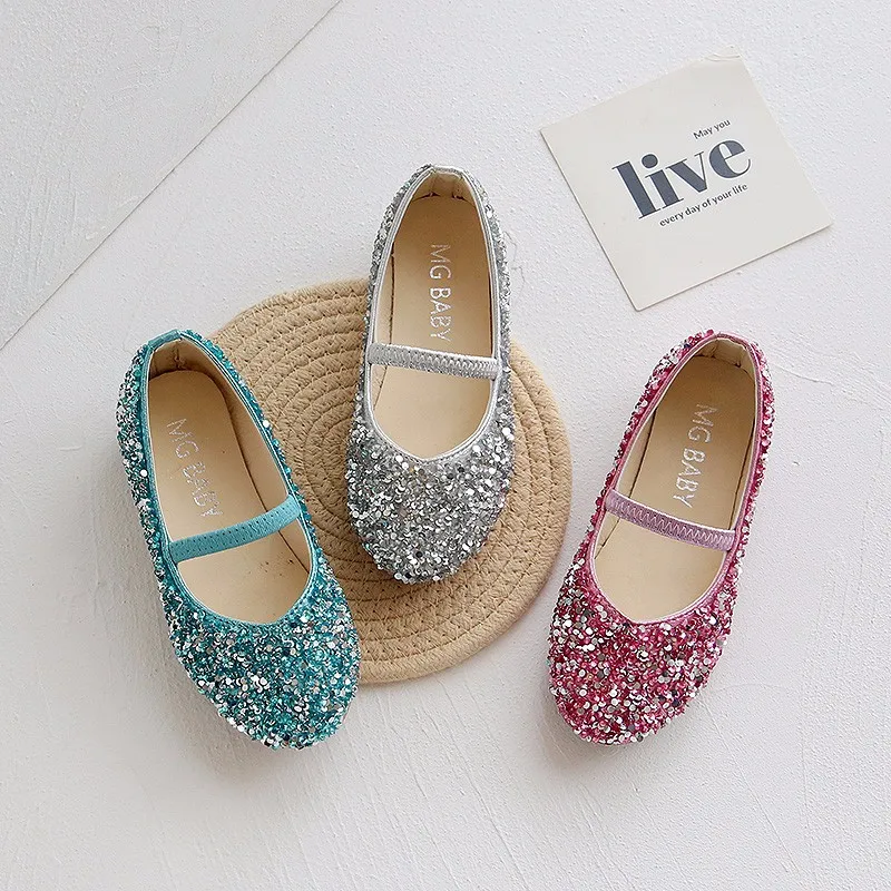 Autumn Girls Princess Shoes Sequin Children Performance Beauty Pointed Toe Teen Girl Bling Wedding Ballet Flats Leather Shoes