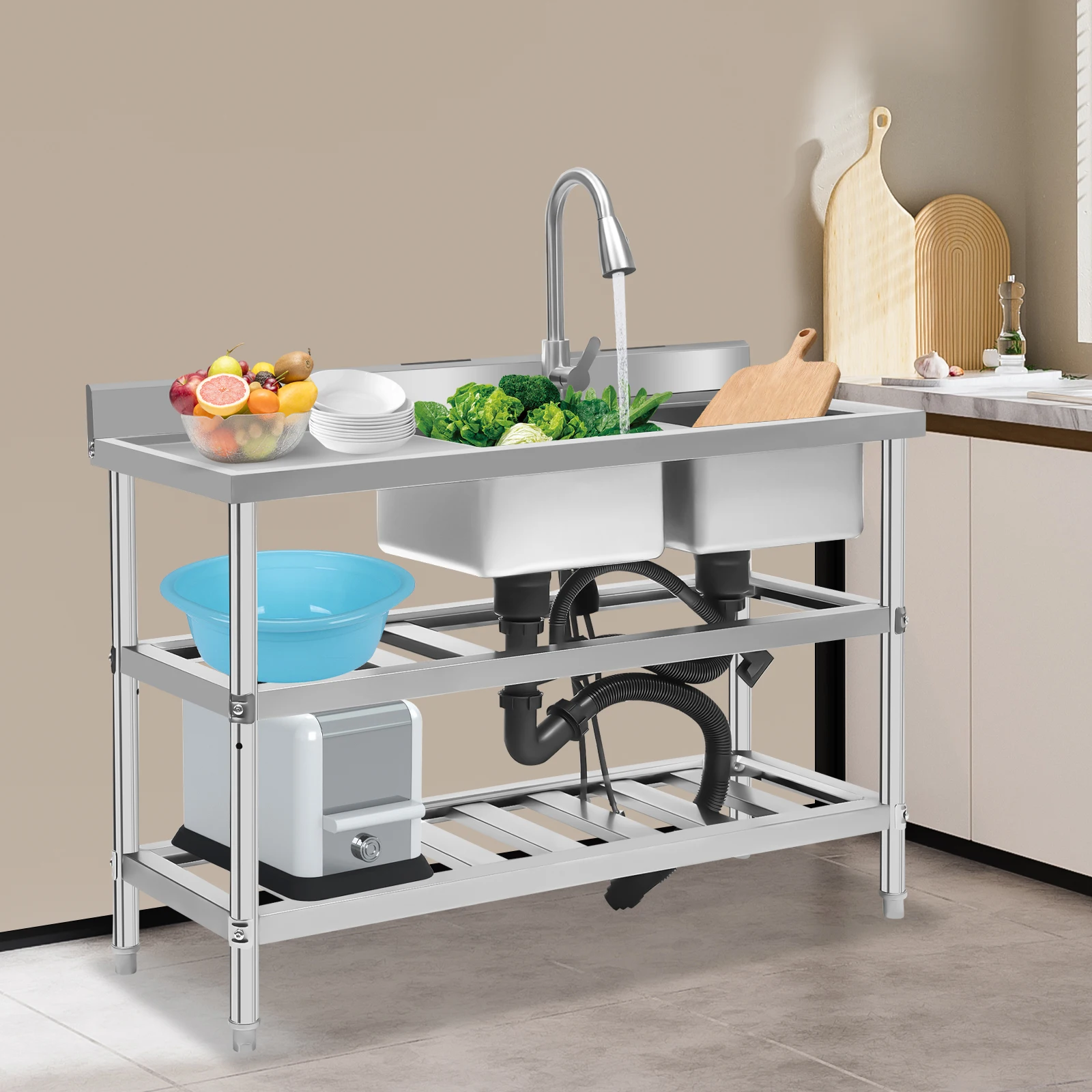 

304 Stainless Steel Sink Commercial Restaurant Kitchen Sink with Drawable Hot & Cold Water Faucet