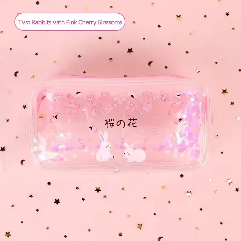 

1Pcs Portable Transparent Quicksand Pencil Case Cartoon Sakura Bunny Pencil Bag for Girls Student Large Capacity Cosmetic Bag