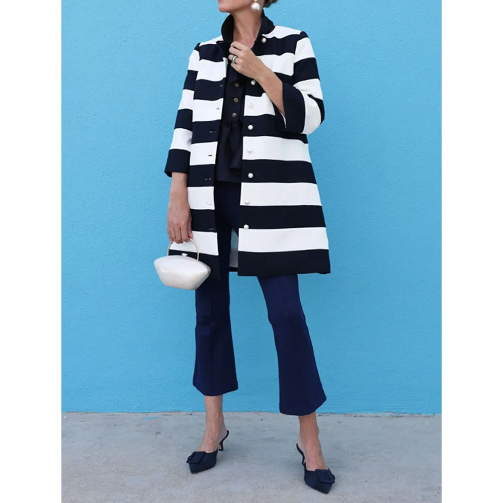Loose Three-quarter Sleeves Buttoned Striped Round-neck Jackets&Coats Outerwear