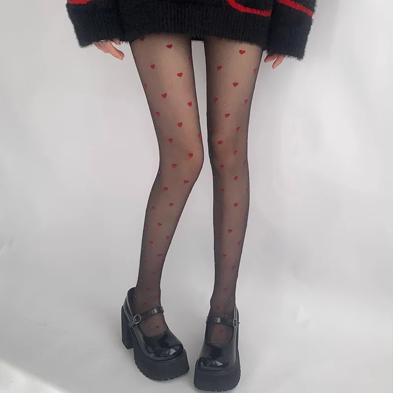 Sexy Black Sheer Pantyhose with Red Hearts Women Anti Run 0D Invisible Tights Lifting Butt Stockings For Party Date Night Out