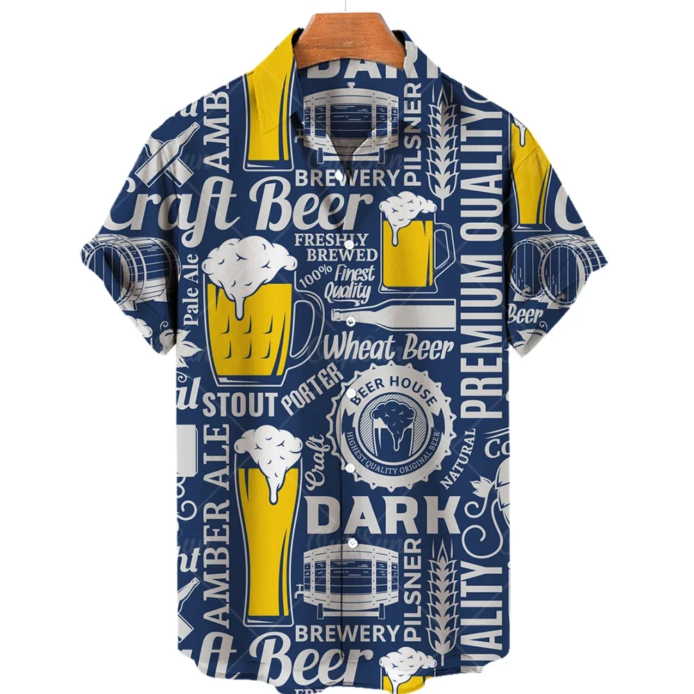 Fashion Harajuku Shirts For Men 3D Beer Print Short Sleeve Tees Summer Hawaiian Beach Style Single-Breasted Tops Lapel Shirts