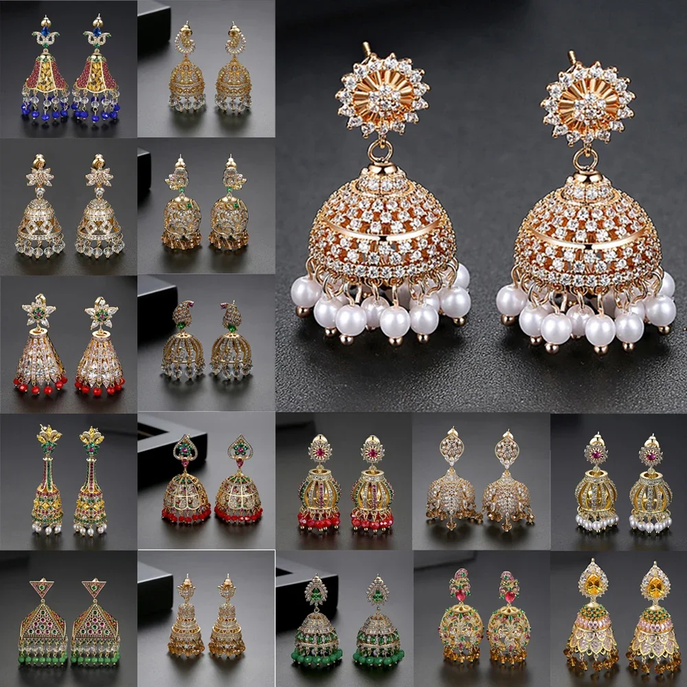 Vintage Bell Beads Crystal Zircon Tassel Drop Dangle Earrings Fashion Indian Dubai Bollywood Jhumka Jhumki Gold Plated Jewelry