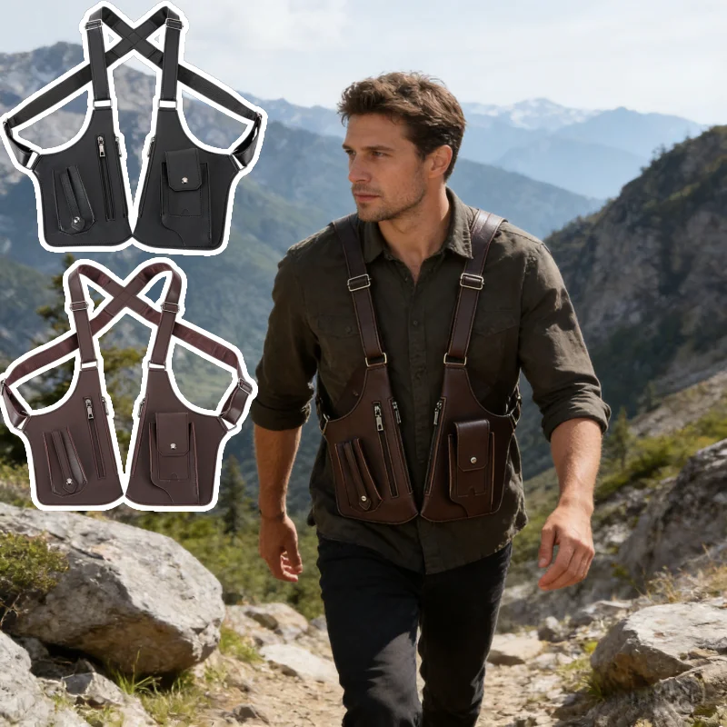 Retro Double Shoulder Strap Tactical Bag Multi Pocket Anti Theft Waterproof PU Outdoor Travel Hiking Chest Bag for Men Daily Use