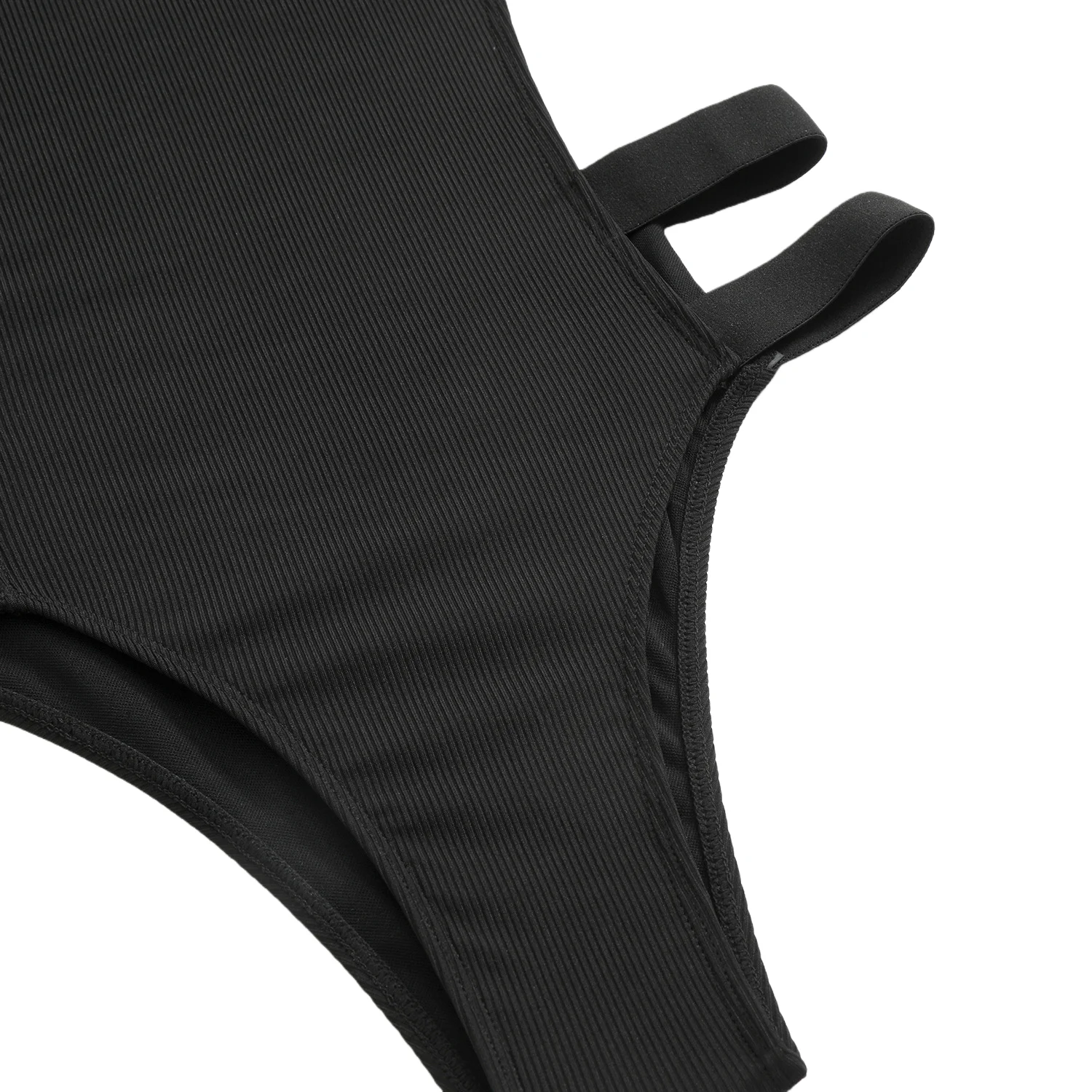 여성용 블랙 리브드 원피스 수영복 섹시한 사이드 컷아웃 배 컨트롤 모노키니 조절 가능한 스트랩 비치 수영복