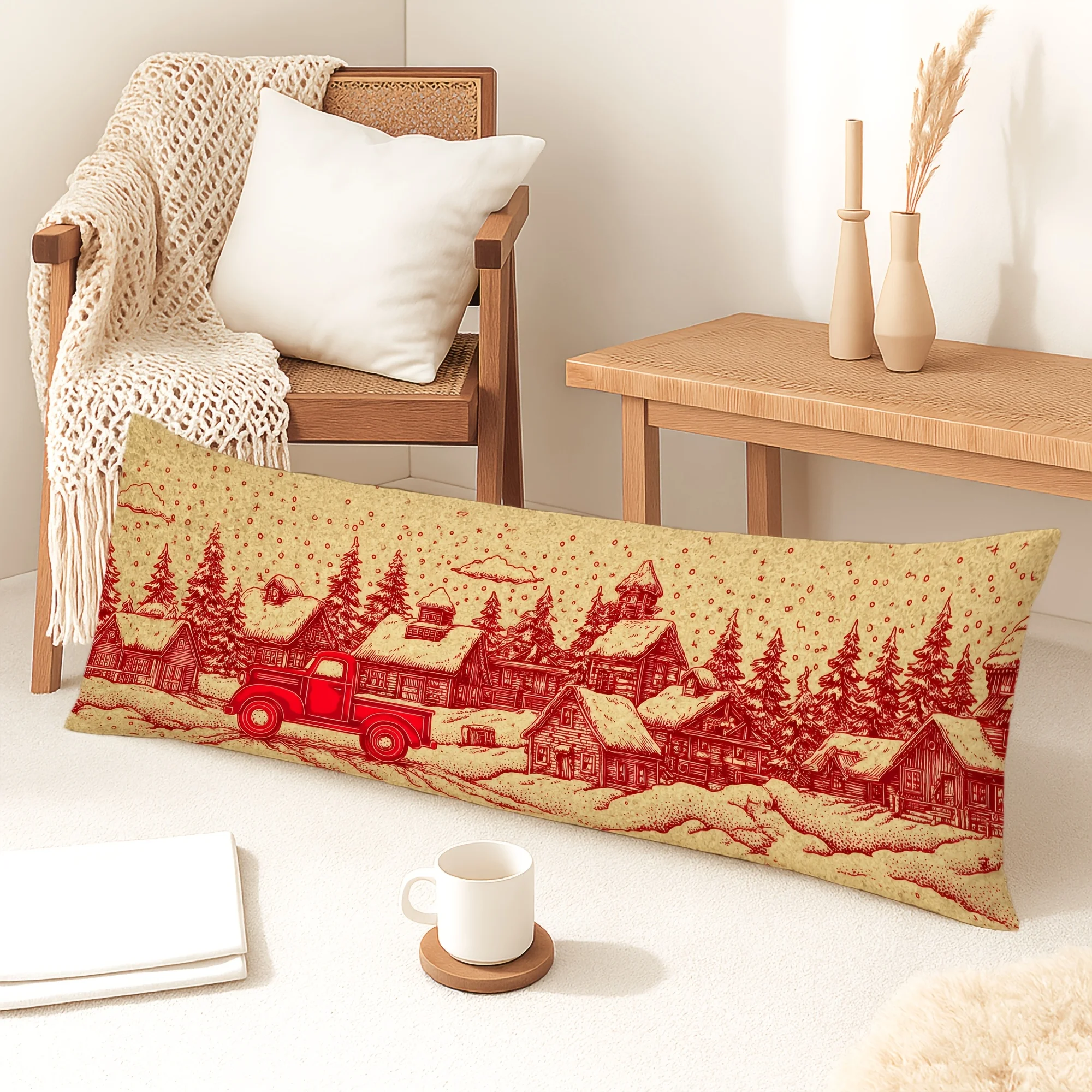 1pc Body Pillow Cover Christmas Decoration Vintage Truck Farmhouse Snow 20*54 Inches Suitable for Living Room Bedroom Sofa Bed D
