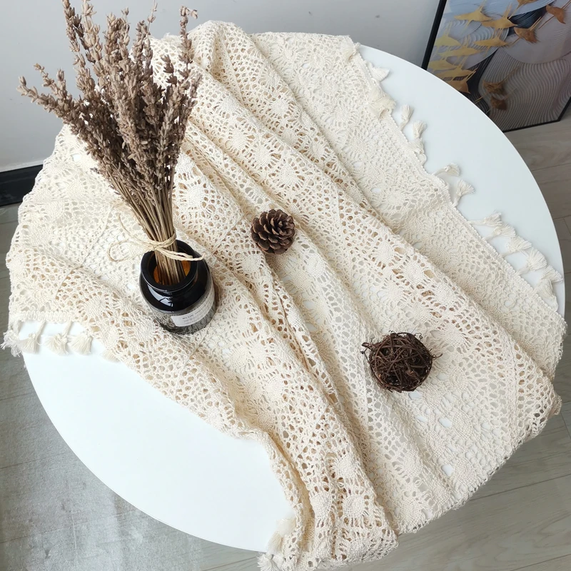 Handmade Cotton Crocheted Tablecloth Cotton Beige Lace Rectangle Table Cloth Cover With Fringe Wedding Room Props Decoration