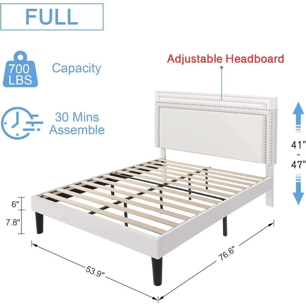 Full Size Platform Bed Frame with Height Adjustable Upholstered Headboard, Modern Mattress Foundation,Strong Wood Slat Su