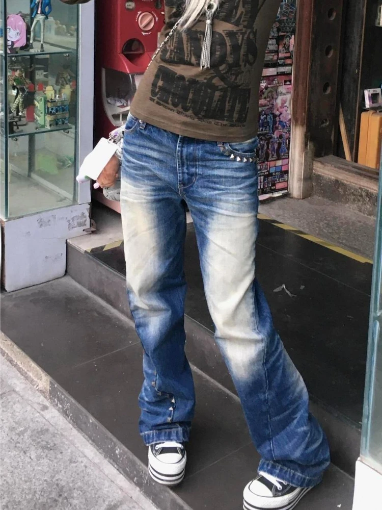 Amerikanische Vintage Distressed Jeans mit Nieten und Patchwork für Damen, Streetwear Bodycon Lange Y2k Retro Denim-Hose 2026