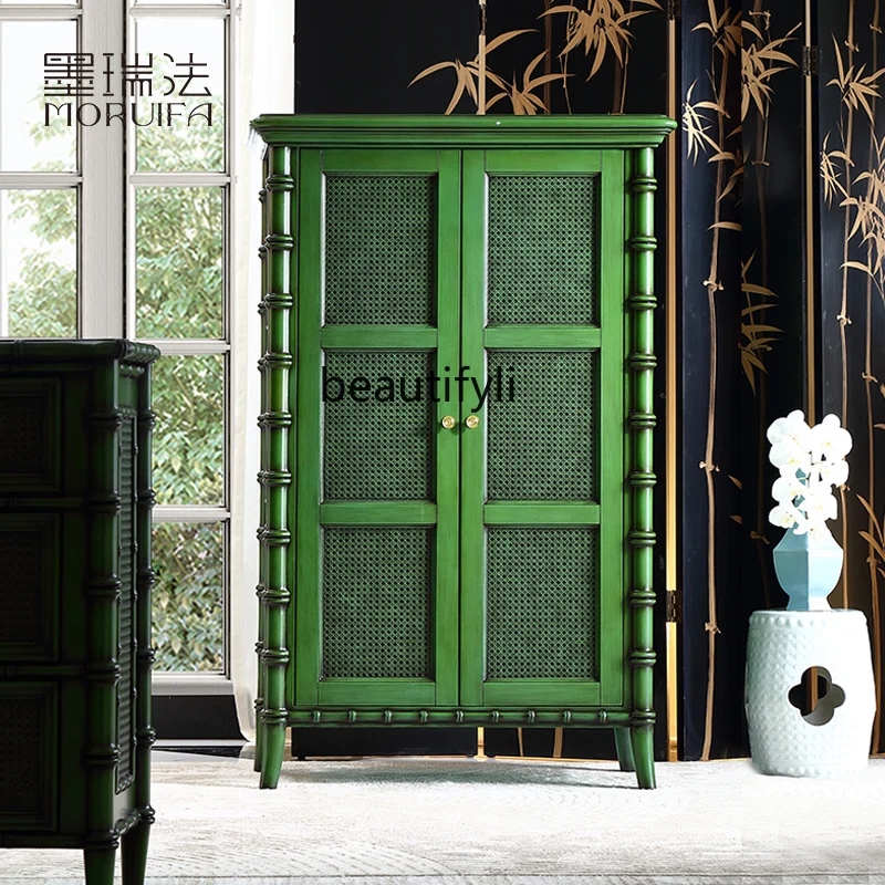 Solid Wood Retro Bamboo High Sideboard Cabinet Designer Art Tea Cabinet French Multi-Purpose Mid-Ancient Locker