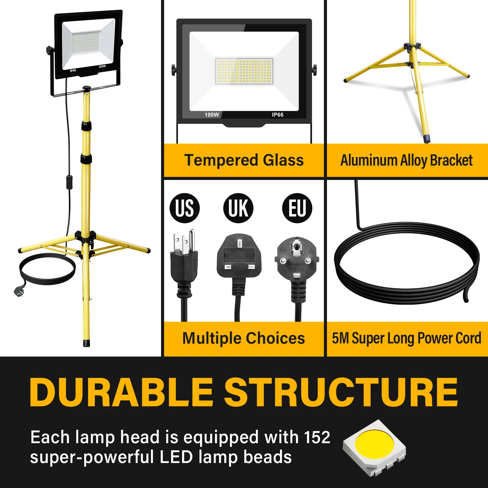 SKYWORLD LED Flood Light 100W 5000K led Work Light with 76in Adjustable Metal telescoping Tripod Stand Indoor Outdoor IP66