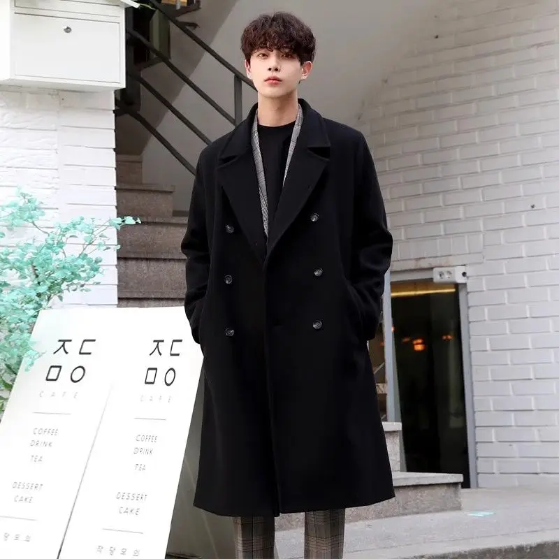 

Wool Blend Real Fur Trim Coat Mans Autumn Vintage Double Breasted Navy Formal Slim Fit Handsome Korean Style Popular Trendy Cool