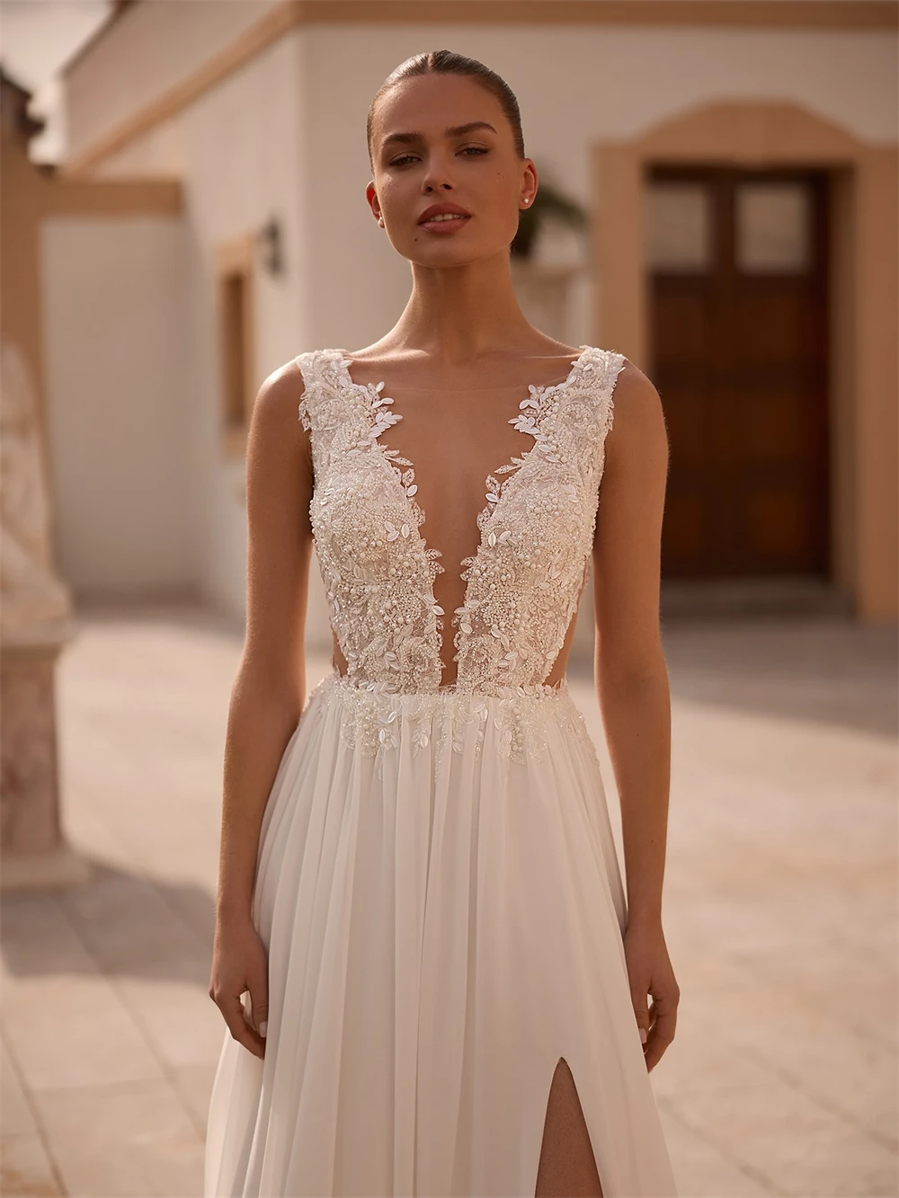 

Customized Boho White Chiffon Wedding Dress Formal V-neck Sleeveless Bridal Gowns Elegant A-Line Court Train Vestido De Novia