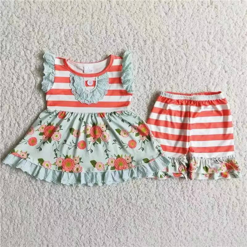 

Cheap Price Wholesale Baby Girl Summer Set Short Sleeves Floral Clothes Shirt Kid Ruffle Shorts baby girl costume