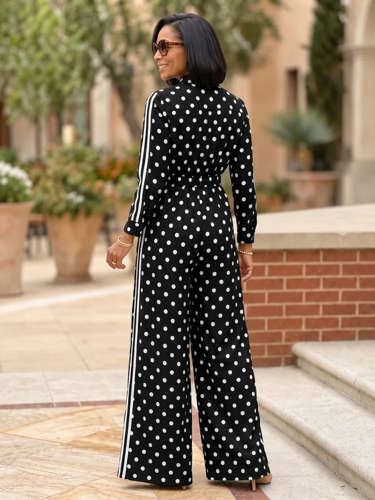 UOOZEE Women Polka Dot Lapel Jumpsuits Buttoned Long Sleeves Side Striped Wide Leg Elastic Waist Casual Office Ladies Overalls