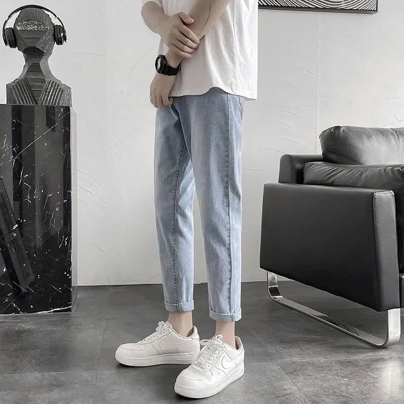 Black and Gray Versatile Small Straight Jeans Men Loose Spring, Spring and Autumn Handsome Casual Small-foot Nine-minute Pants