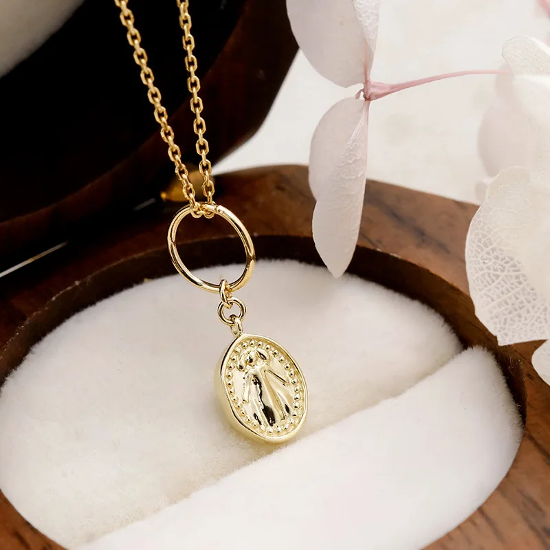 LAMOON Vintage Star Moon Peace Dove Badge Mini Pendant Necklace 925 Sterling Silver Chain Light Gold Color Fine Jewelry Gift