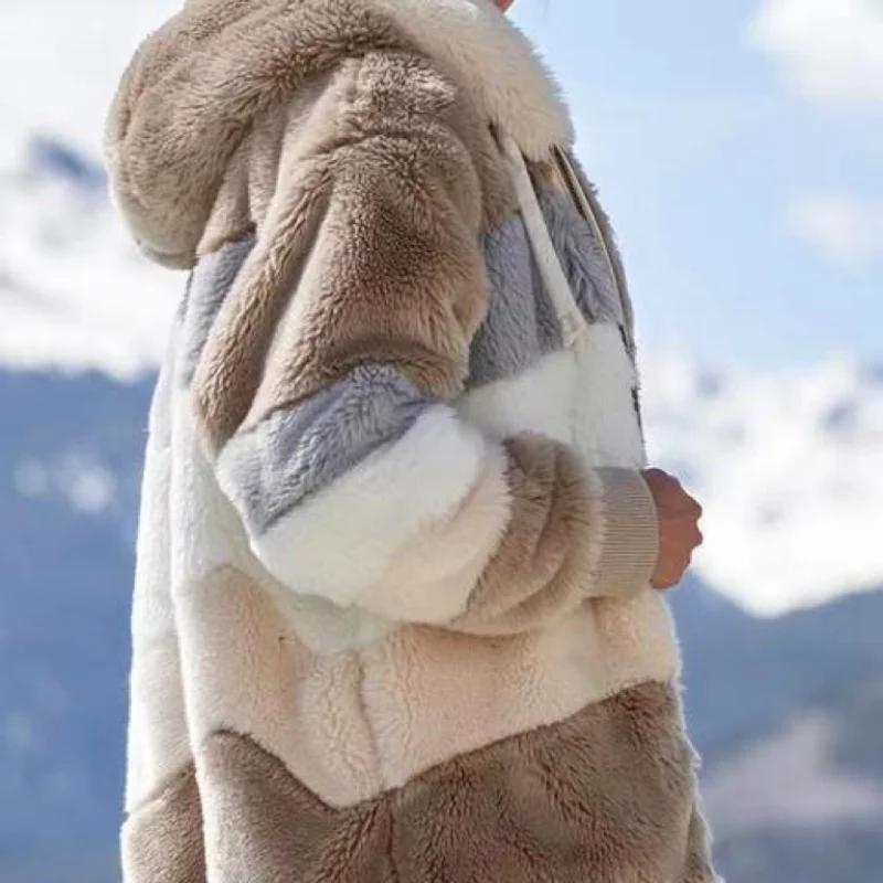 Manteau en peluche à capuche pour femmes européennes et américaines, fermeture éclair assortie, garder au chaud, manches adt, document, automne, hiver, nouveau, 2023